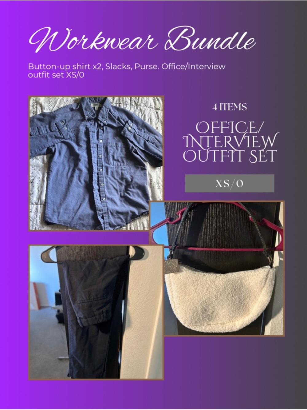 Workwear Bundle - Blue Button-Up Shirt, Black Slacks, White Faux Shearling Bag